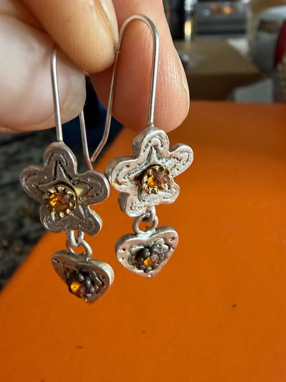 Express Silver Flower and Heart Drop Earrings with Orange Crystal